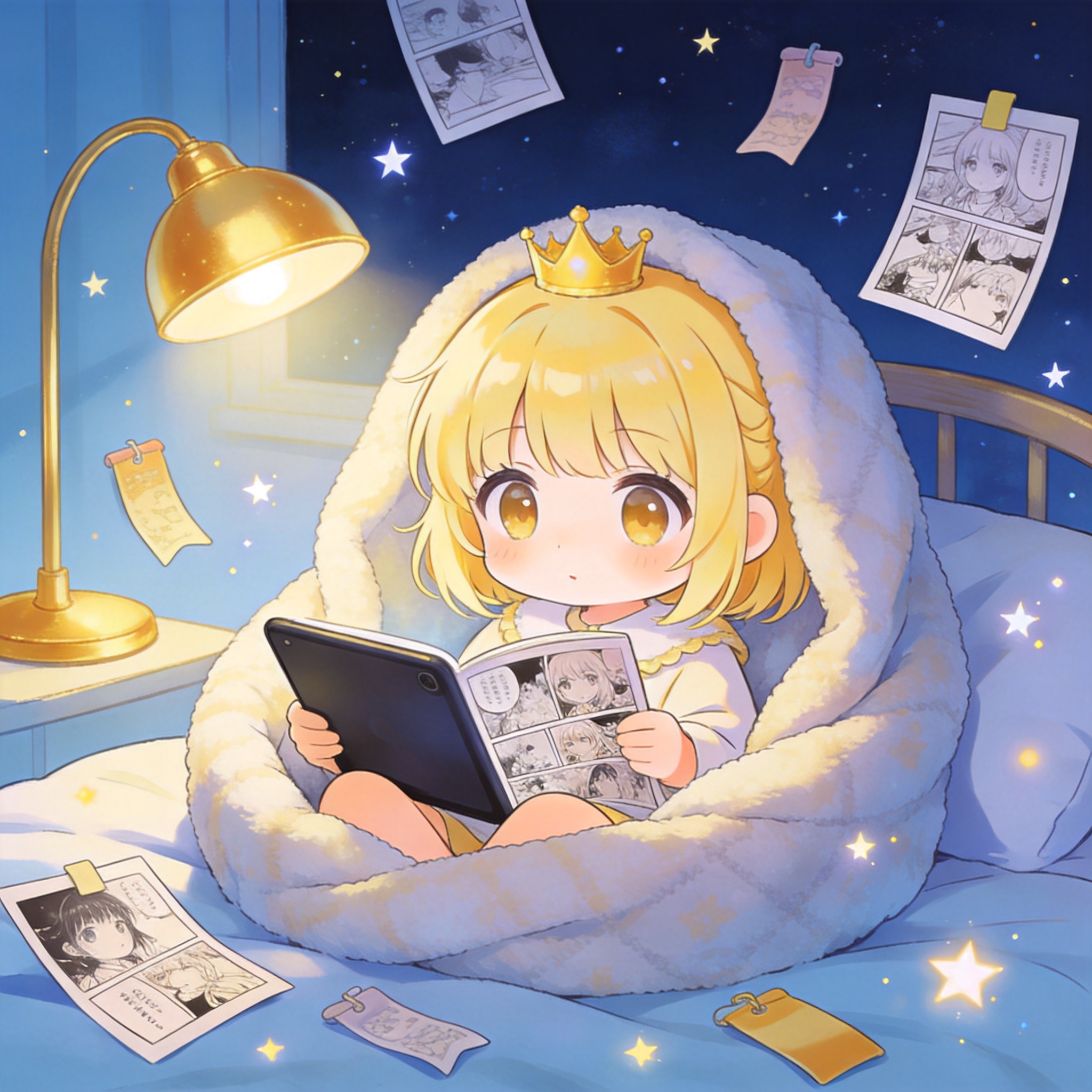 金发 Q 版少女深夜窝在被窝里用平板看漫画